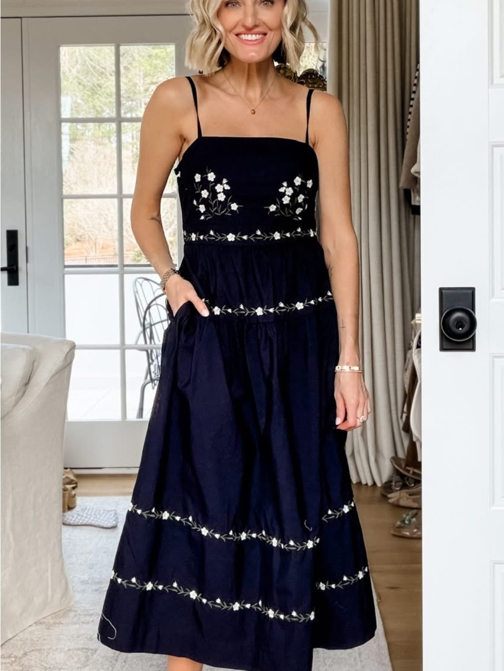 Walmart USA viral dress Classic Navy Floral Embroidered Midi Dress